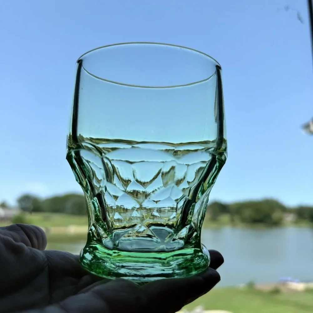4 - Vintage Green Vaseline Uranium Glass Tumbler Honeycomb Georgian Cambridge